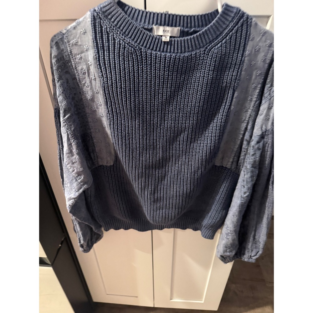 Fate Womens Blue Mixed Media Eyelet Paisley Balloon Sleeve Ribbed Sweater Size M - Picture 5 of 6